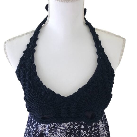 Lucky Brand John Robshaw Maxi Dress Crochet Halter Floral Size Small Blue Boho - Picture 4 of 9